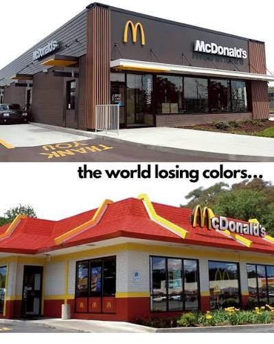 older colorful McDonald’s building compared with a newer muted McDonald’s building