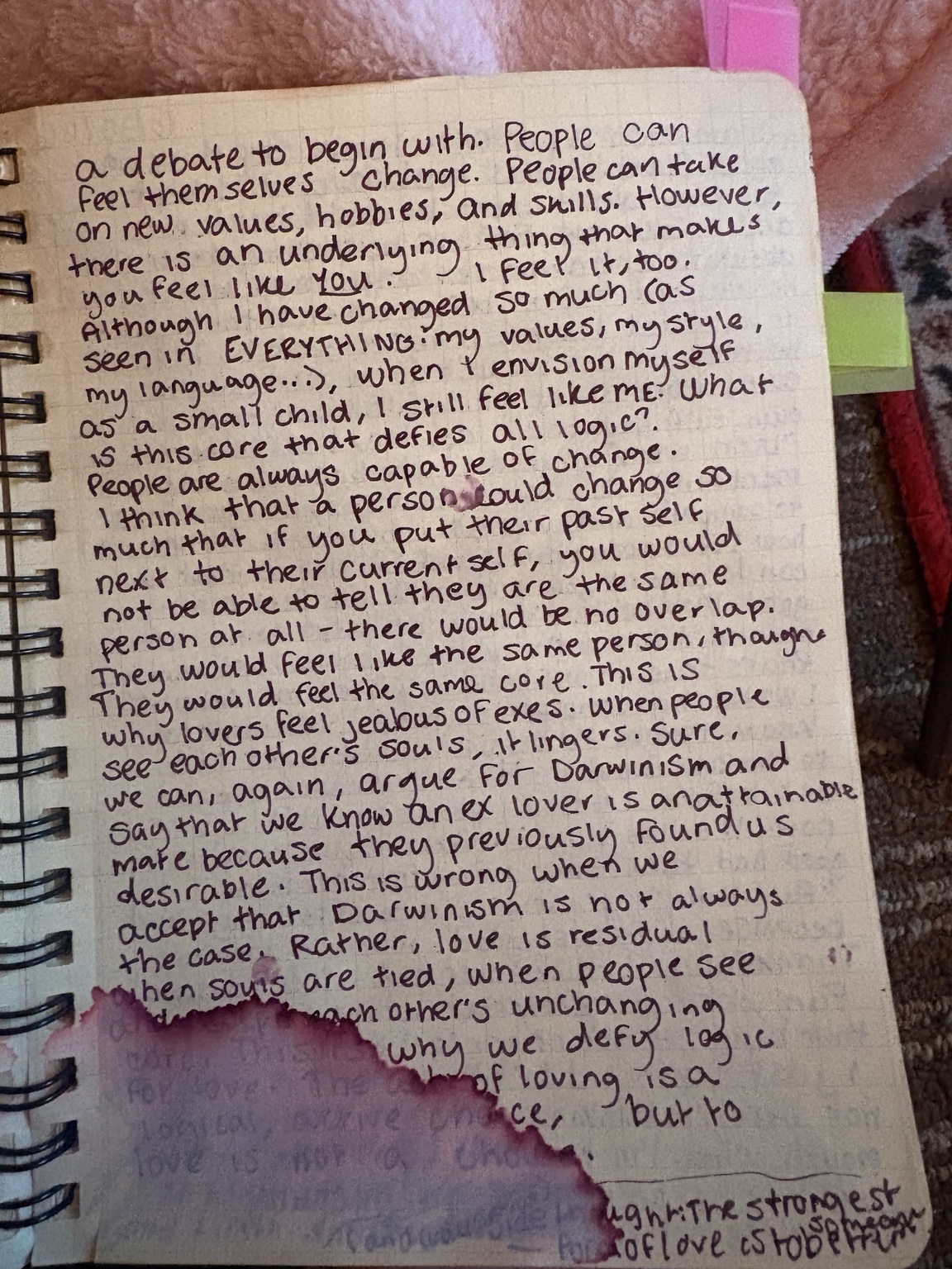 handwritten notebook page about personal continuity and the soul
